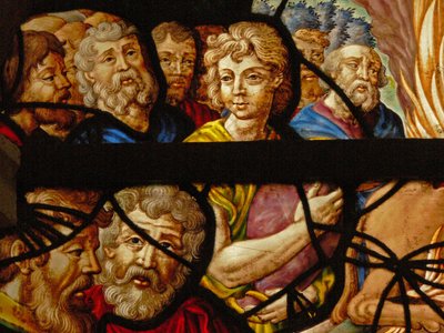 Ventana en el Charnier (w.8) que representa un Detalle del sacrificio de Elías; los sacerdotes de Baal de French School