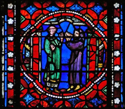 Ventana s1-R escena del viaje de San Bonnet a Roma; recibe refrescos del abad del monasterio en l