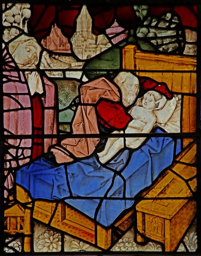 Ventana s2 que representa a Eliseo curando al hijo de la sunamita de French School