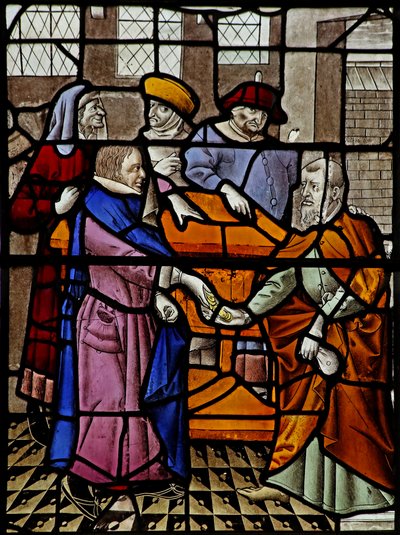 Ventana s3 que representa a Judas recibiendo las 30 piezas de plata de French School
