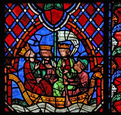 Ventana w01 que representa la partida de los Magos de la Natividad de French School