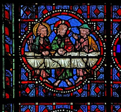 Ventana w02 que representa una escena de Resurrección: la cena en Emaús de French School