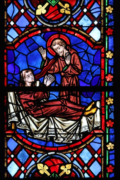 Ventana w04 que representa a un monje santo apareciendo a San Martín de French School