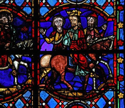 Ventana w04 que representa espectadores de una escena a caballo de French School