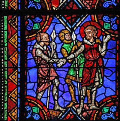 Ventana w06 que representa la historia de San Julián de Brioude - San Ferreol, un amigo de Julián, que murió durante las persecuciones de Diocleciano, es arrestado de French School