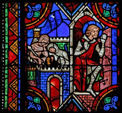 Ventana w06 que representa la historia de San Julián de Brioude - San Ferreol, un amigo de Julián, que murió durante las persecuciones de Diocleciano, escapa de French School
