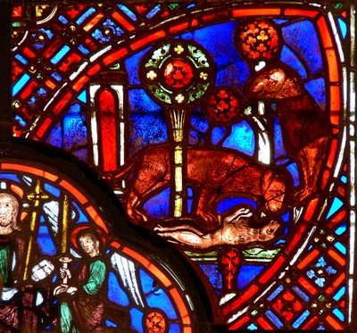 Ventana que representa un león y cachorros de French School