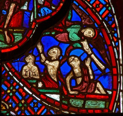 Ventana que representa una escena del Juicio Final: almas resucitando de French School