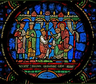 Ventana w0 que representa la Adoración de los Magos de French School