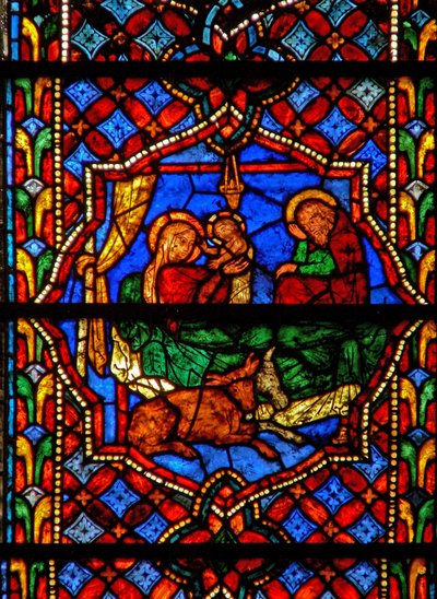 Ventana que representa la Natividad de French School