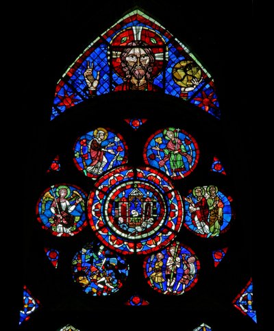 Ventana w100 que representa a Dios Padre, la tumba de la Resurrección y escenas de la Resurrección - y la flagelación de French School