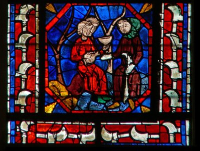 Ventana que representa donantes - viñadores trabajando de French School