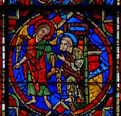 Ventana w107a con San Pedro siendo liberado de la prisión por un ángel de French School