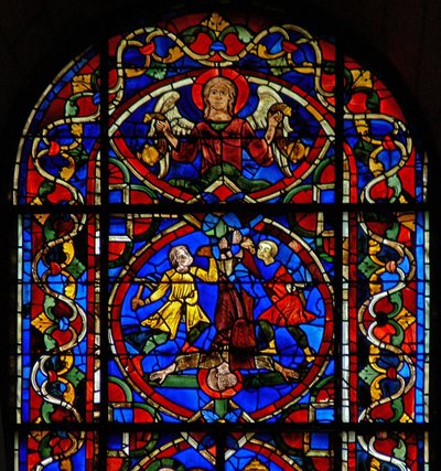 Ventana w107a con un ángel y la crucifixión de San Pedro de French School