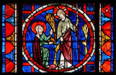 Ventana w109 que representa a Santa María Magdalena con Cristo en el jardín de la Resurrección de French School