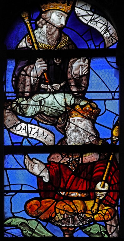 Ventana w10 representando al Rey Ezequías y al Rey Jotam y Ezequías en el Árbol de Jesé de French School
