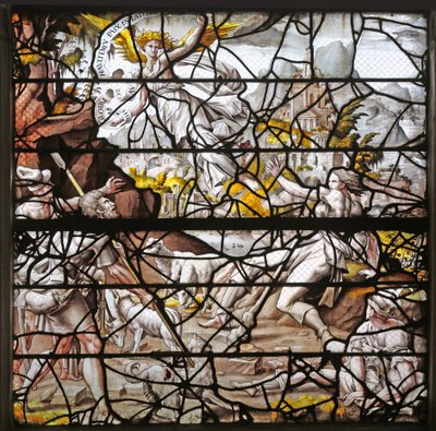 Ventana w10 que representa la Anunciación a los Pastores: diseños de Durero y adaptaciones de los diseños del Maestro de Des para la Historia de Psique de French School