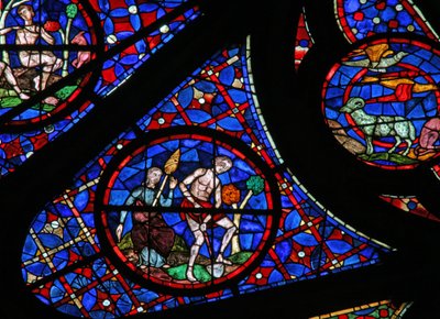 Ventana w115 que representa a Adán cavando mientras Eva hila de French School