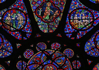 Ventana w115 que representa a Dios el Creador: escenas de Adán y Eva de French School