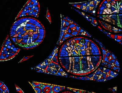 Ventana w115 que representa la Creación: aves, Adán y Eva y la serpiente de French School