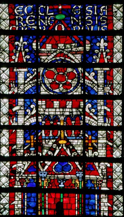 Ventana w118 que representa la catedral de Reims de French School