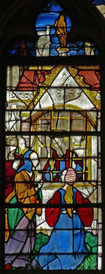 Una escena de la vida de Santo Tomás: Santo Tomás en prisión es visitado por la Princesa Migdomie; vidrio veneciano de French School