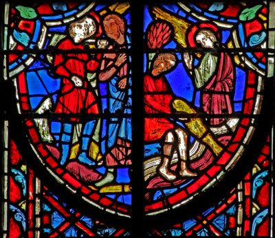 Tobías llega a la casa de Raguel (izquierda); el joven Tobías atrapando un pez (derecha) (Tob VI 4) de French School