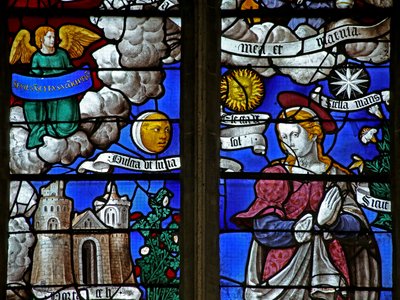 Ventana que representa un detalle de la Letanía de la Virgen María de French School