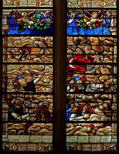 Ventana w120 con el ejército del Faraón ahogándose en el Mar Rojo de French School