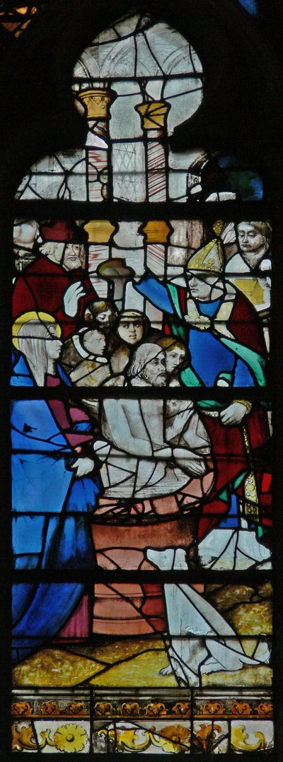 San Maximino bautizando; (la ventana contiene el raramente usado vidrio veneciano) de French School