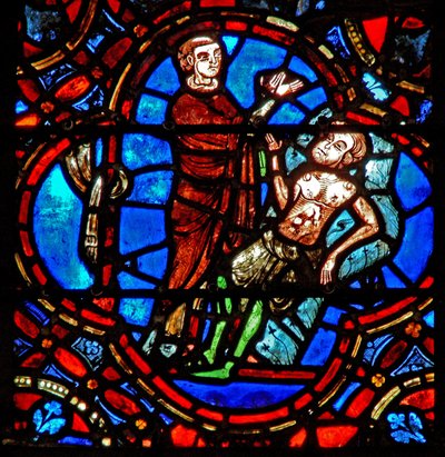 Ventana w12 que representa una escena en la ventana del Buen Samaritano: otro viajero ve al peregrino herido de French School