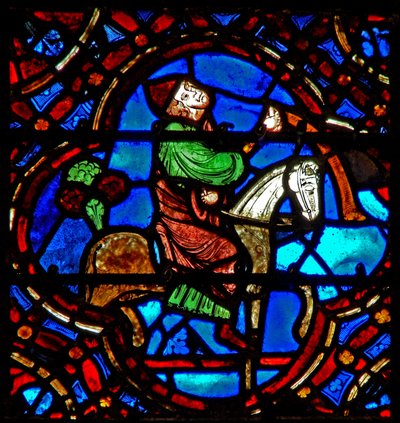 Ventana w12 que representa una escena en la ventana del Buen Samaritano: llega el doctor de French School