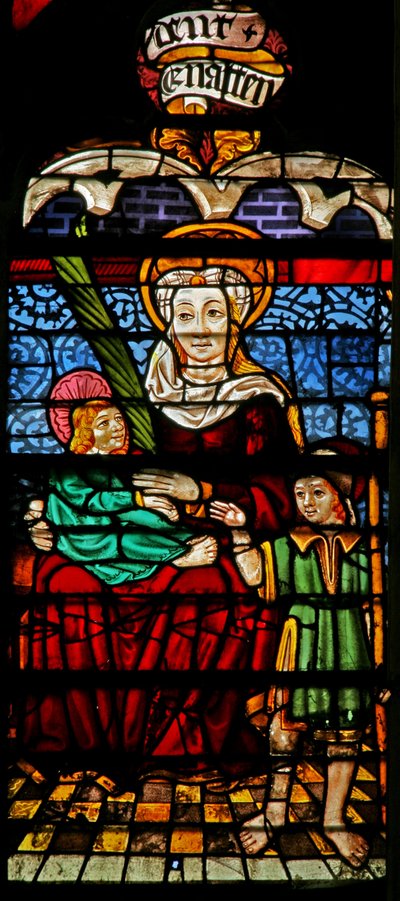 Ventana w132 que representa a Santa Ana, María y Cristo de French School