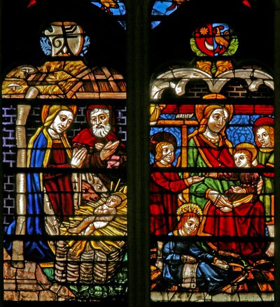 Ventana w132 que representa la Natividad; María Cleofás y los apóstoles niños de French School