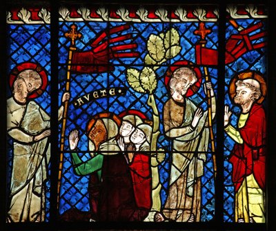 Ventana w14 que representa a Cristo apareciendo a las mujeres y a San Pedro de French School