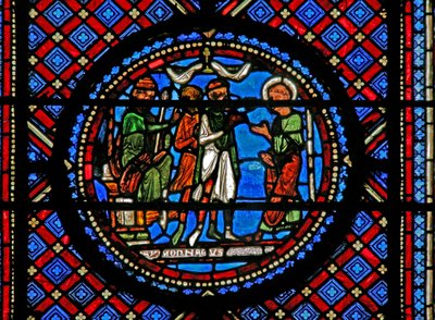 Ventana w14 que representa a Simón el Mago y San Pedro ante Herodes de French School