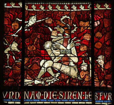Ventana w14 que representa al diablo encadenado en el Infierno de French School