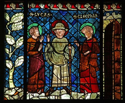 Ventana w14 que representa el encuentro con Cristo en el camino a Emaús: San Lucas y San Cleofás de French School