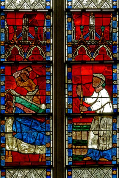 Ventana w15 que representa una escena de una leyenda de San Nicolás: el milagro de los 3 niños: un carnicero mata a tres niños de French School