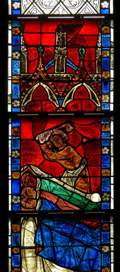 Ventana w15 que representa una escena de una leyenda de San Nicolás: el milagro de los 3 niños: un carnicero mata a tres niños de French School