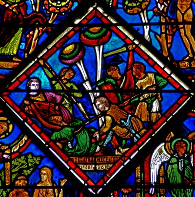 Ventana w15 que representa una escena en la ventana del Buen Samaritano: el peregrino es atacado de French School