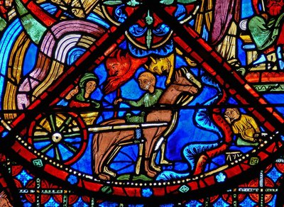 Ventana w15 que representa la historia de las reliquias de San Esteban: los demonios interfieren con el transporte de las reliquias de French School