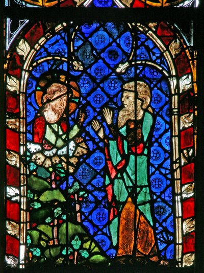 Ventana w17 que representa a Dios instruyendo a Noé para construir el Arca de French School