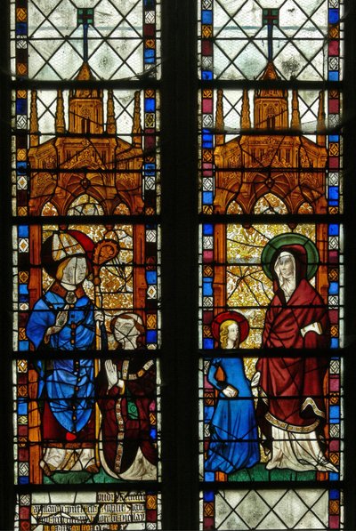 Ventana w17 que representa a San Nicolás y el donante Oudin de Troyes; Santa Ana y la Virgen María de French School