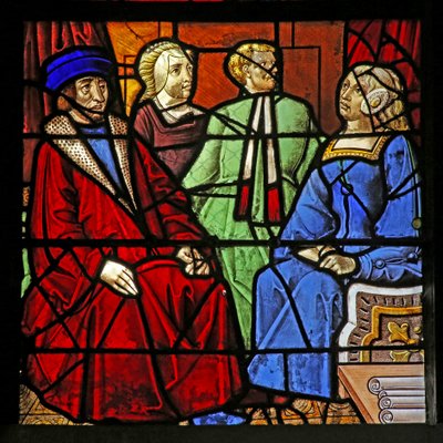 Ventana w17 que representa la Vida de San Remigio. 2 hombres y 2 mujeres sentados de French School