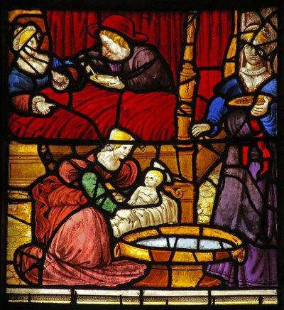 Ventana w17 que representa la Vida de San Remigio. Su nacimiento en el castillo de Cerny-en-Laonnois de French School