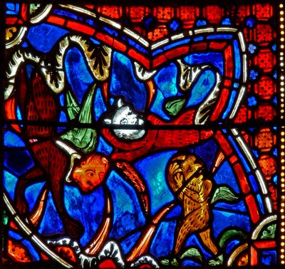 Ventana w18 que representa a San Jaime y demonios agitados de French School