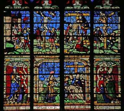 Ventana que representa la Crucifixión, el Descendimiento y la Piedad de French School