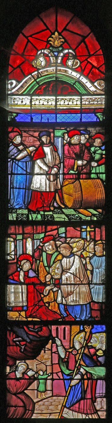 Ventana w19 que representa la Vida de San Remigio. Abajo: libera un alma poseída. Centro: se le ofrece el obispado de Reims (grabado) Arriba: milagro del vino en Cernay de French School
