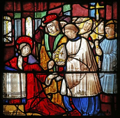 Ventana w19 que representa la Vida de San Remigio. Se le ofrece el obispado de Reims de French School
